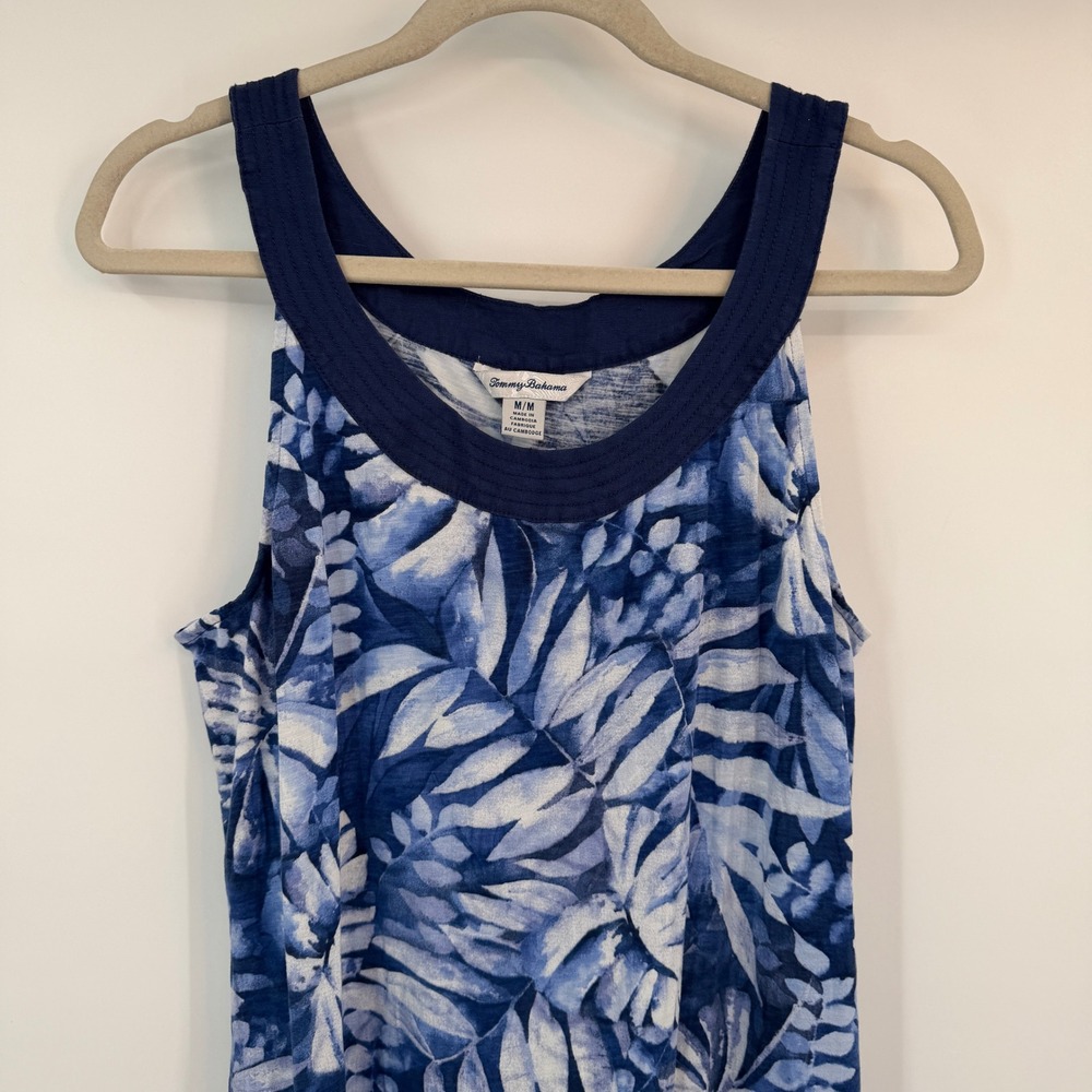 Tommy Bahama Blue Tropical Leaf Print Sleeveless Ruffle Hem Dress Medium Coastal - Picture 2 of 9